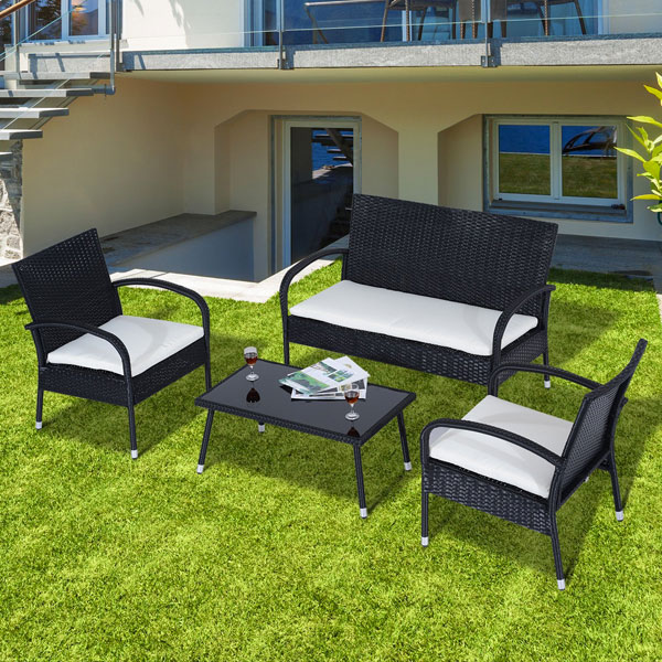Outsunny Poggiapiedi Da Giardino In Rattan PE 50x50x35 Cm: Cuscino Imbottito E Struttura In Acciaio, Nero
